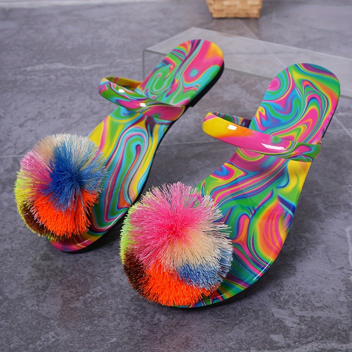 Colorful Ball Toe Striped Fashion Style Elegant Women's Summer Flat Slippers